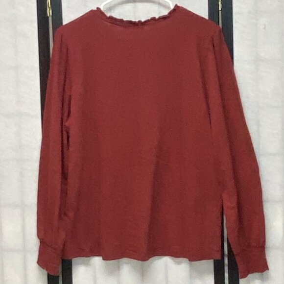 Sonoma Ruffle Open V-Neck Knit Top Long Sleeve Shirred Cuff Blouse Rust XL - Picture 2 of 12